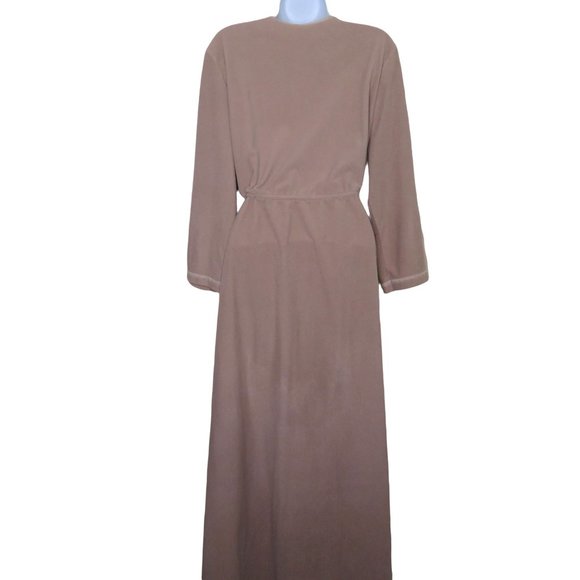 Vintage 70s Full Length Bath Robe M Brown Quilted Neckline Tie Waist USA Made - Picture 8 of 12